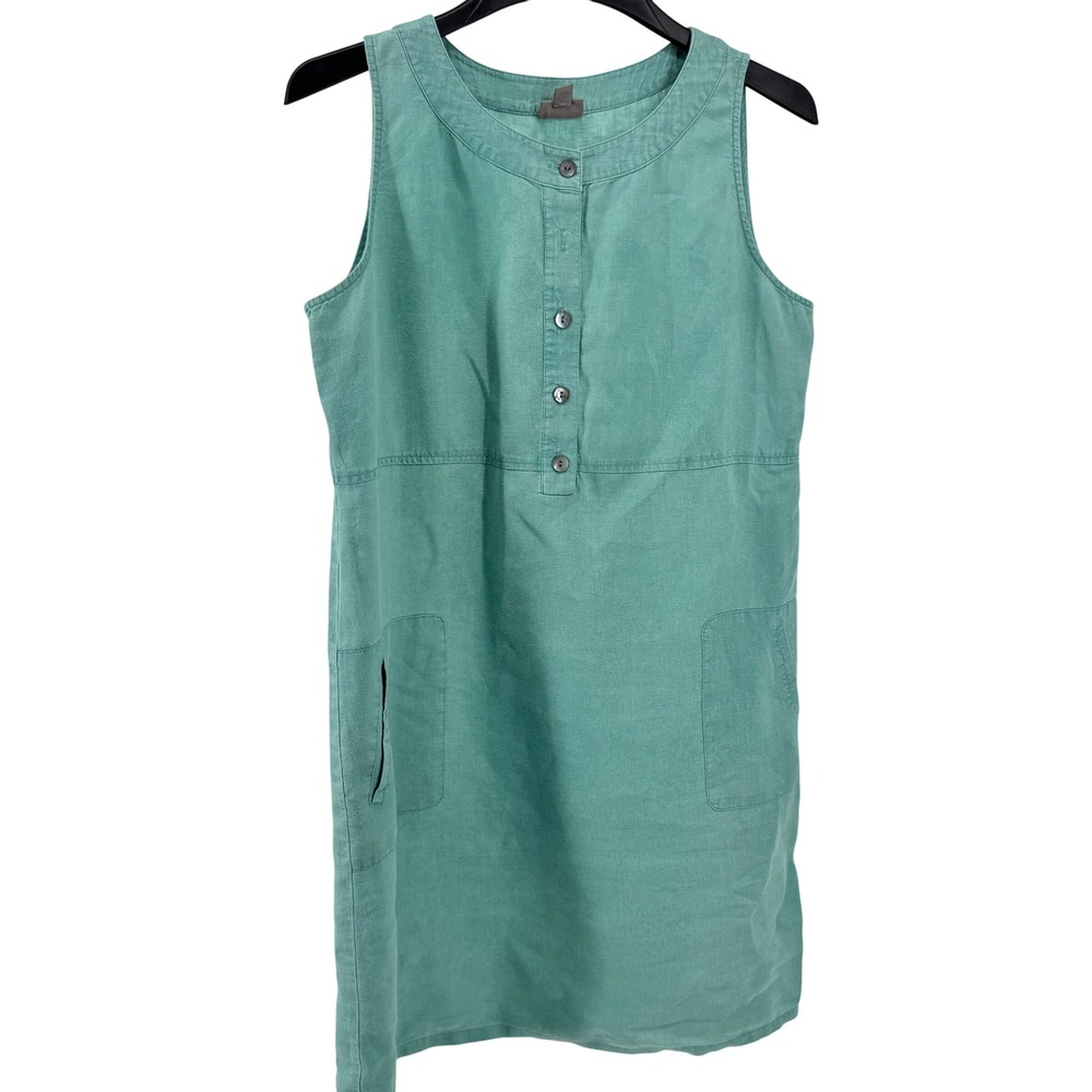J. Jill Linen Shift Dress Womens Medium Teal Green Sleeveless Pockets Small Spot